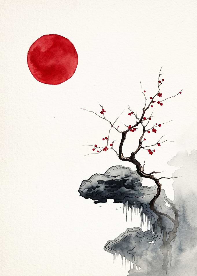 Japanese Tree Red Sun Watercolor Ar