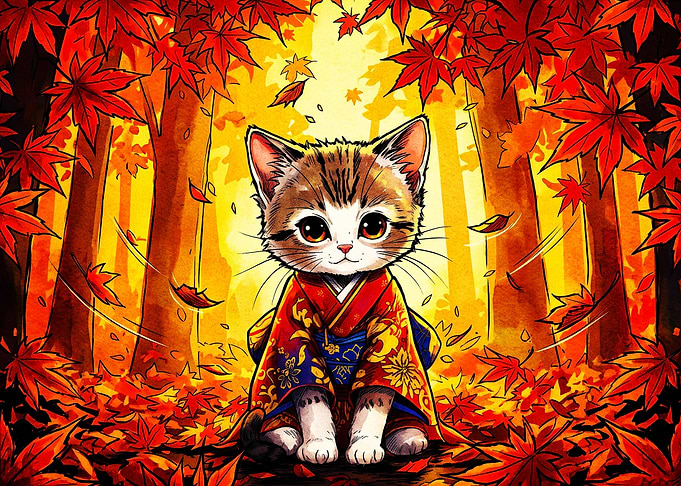 Autumn Cat Kimono Watercolor Art