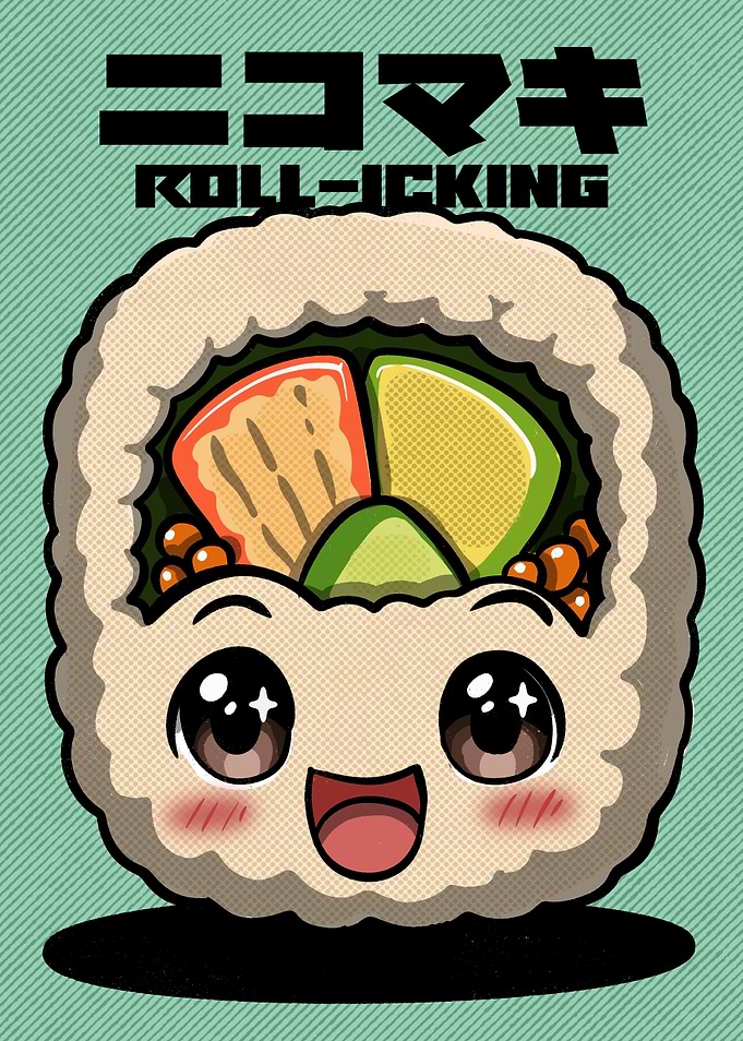Rollicking - Kawaii Sushi Roll Retro Food Illustration