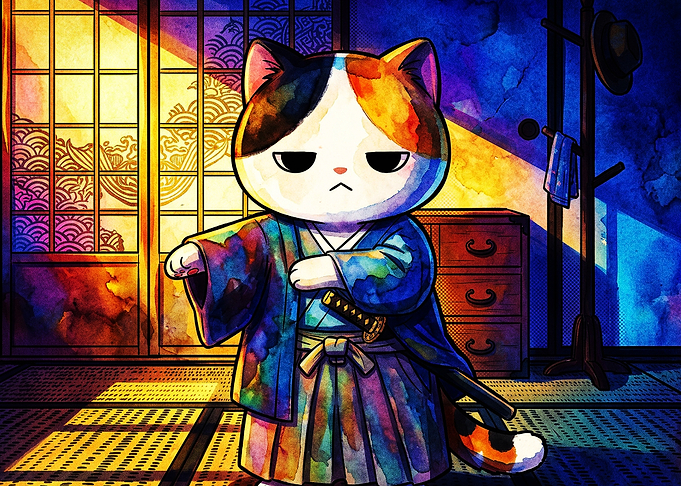 Samurai Cat Kimono Watercolor Art