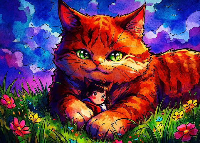 Giant Cat Tiny Girl Watercolor Art