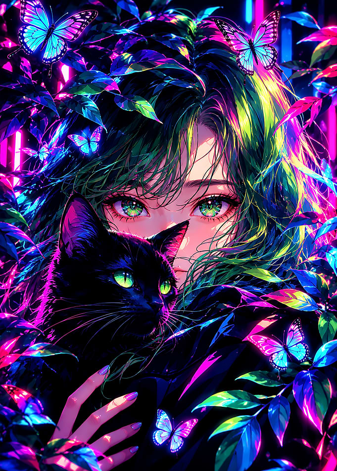 Neon Anime Girl with Black Cat