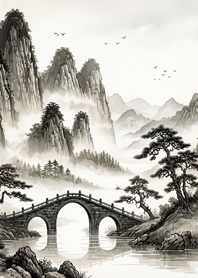 Asian Mountain Bridge Sumi-e Art