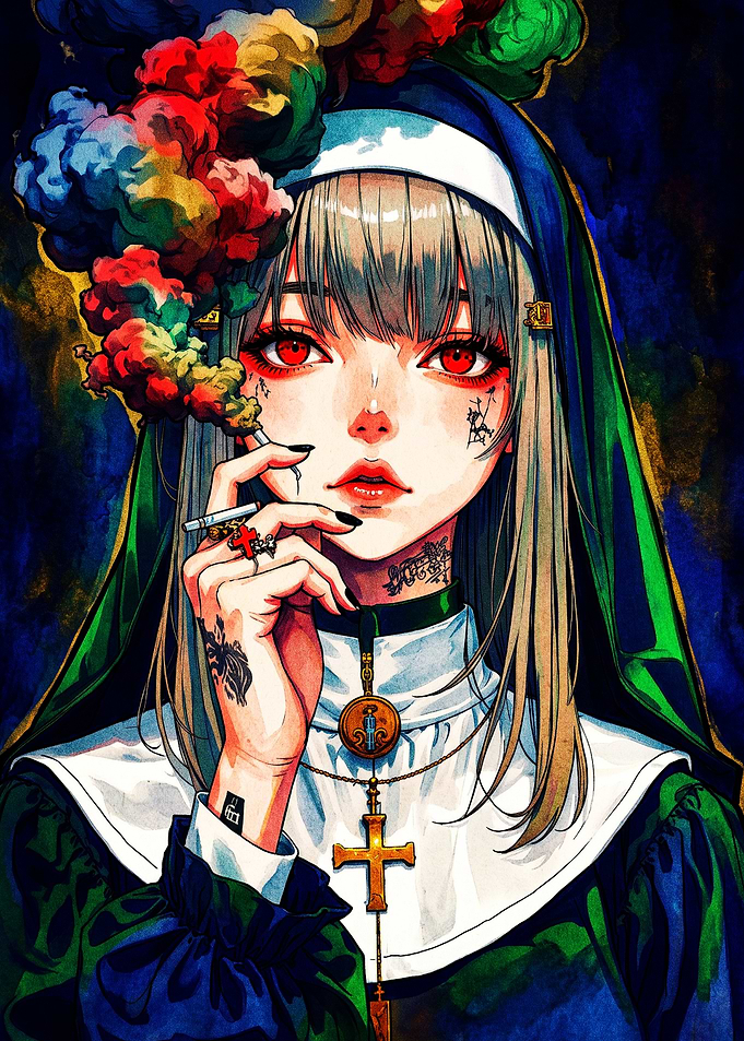 Edgy Anime Nun with Colorful Smoke