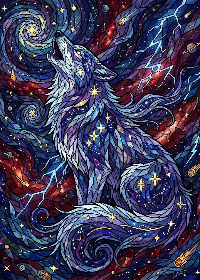 Stained Glass Cosmic Wolf Art