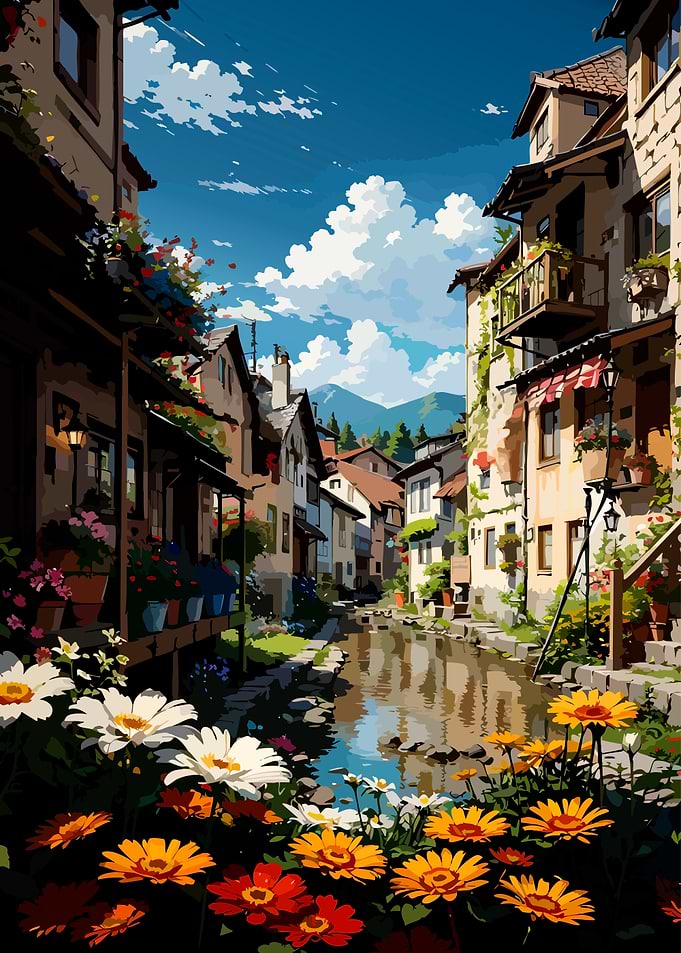 Charming European Village Canal Scene