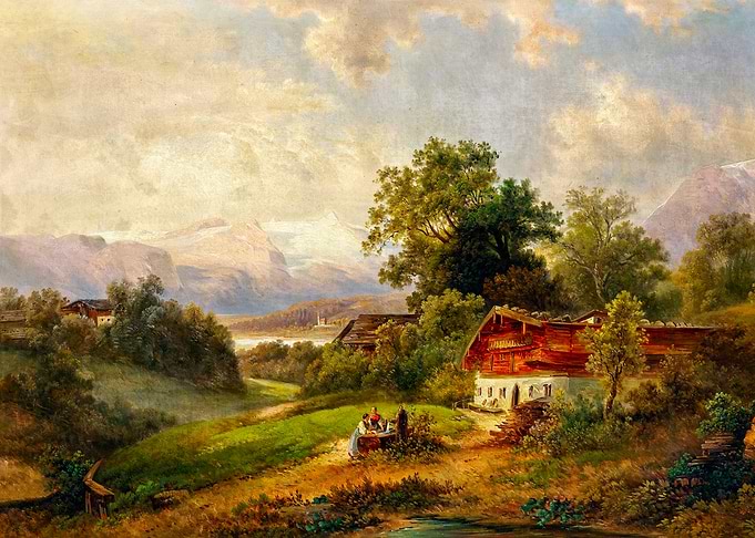 At the Well by Emil Barbarini Alpine Landscape Painting