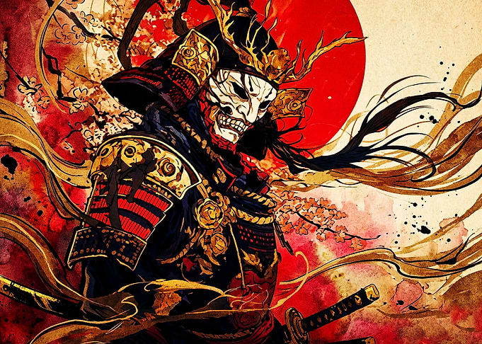 Samurai Demon Mask Red Sun Poster