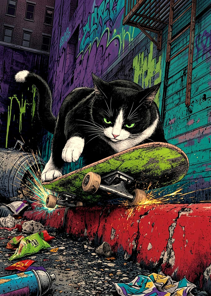 Cool Skater Cat in Urban Alley