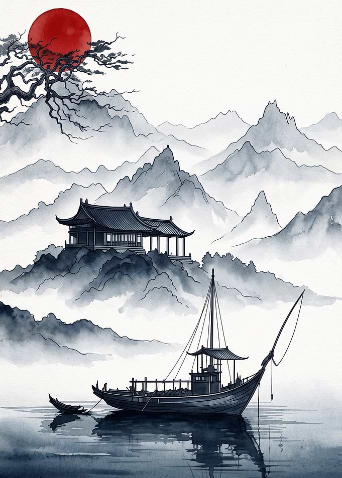 Japanese Mountain Pagoda Ink Art