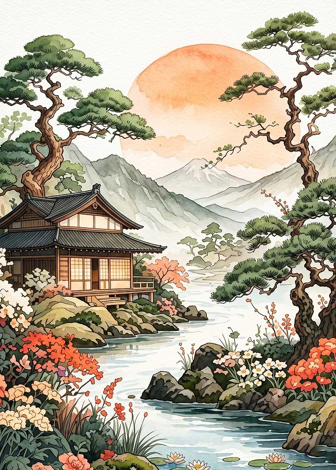 Japanese Pagoda Sunrise Watercolor