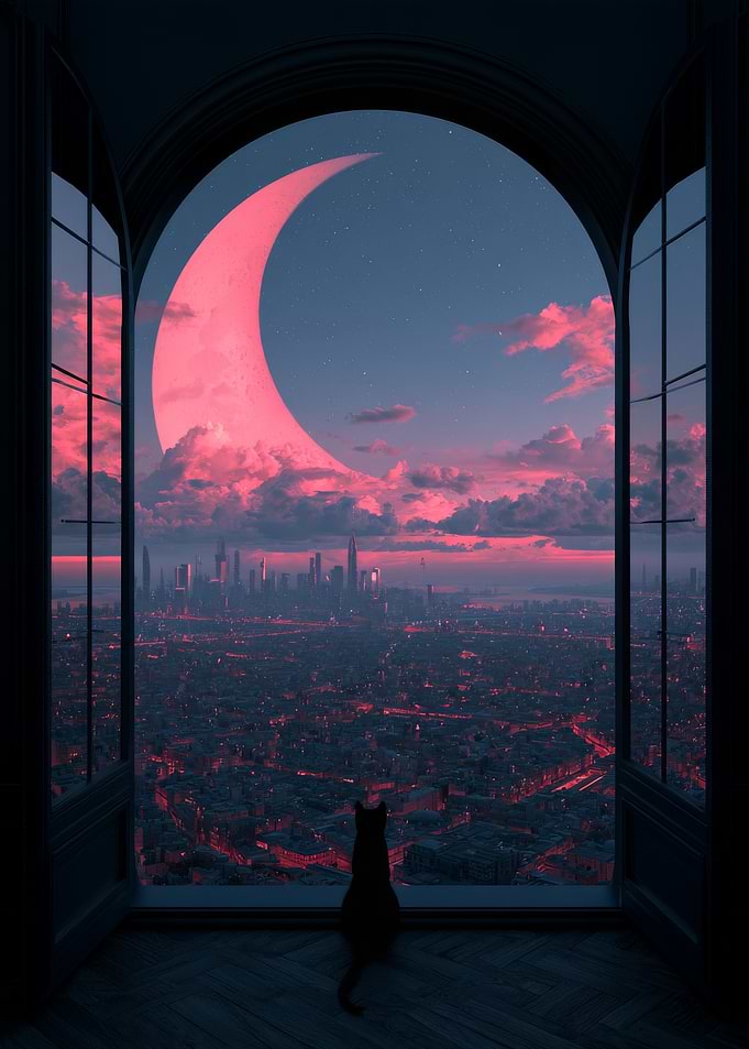 Cat Watching a Pink Crescent Moon