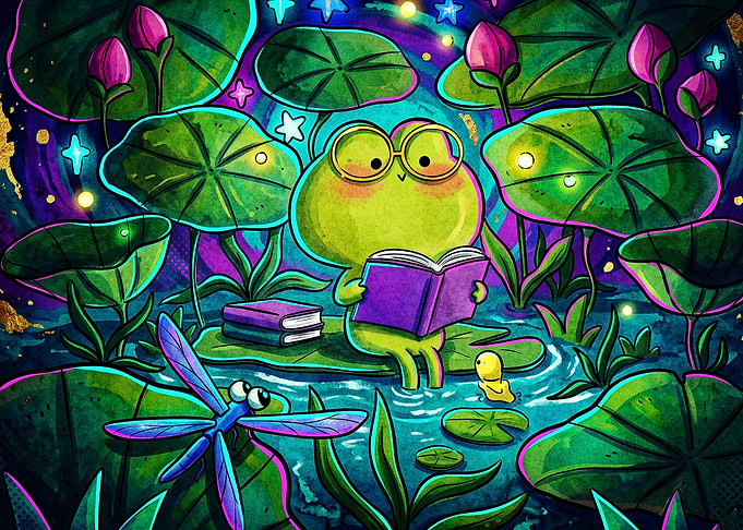 Frog Reading Book Cosmic Vibe Art