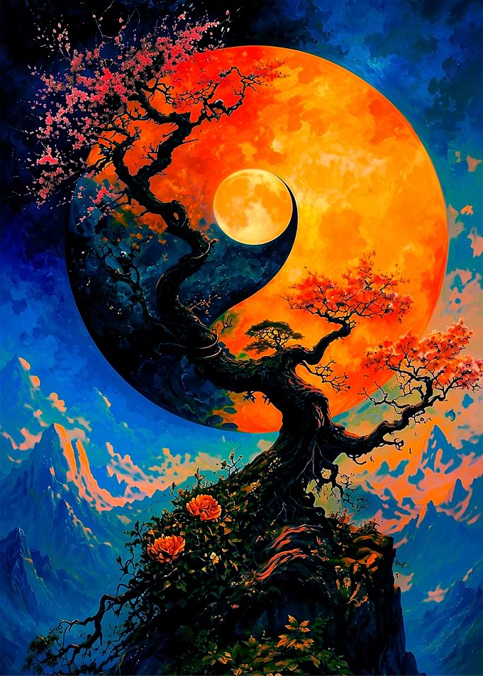 Yin Yang Tree Under Celestial Moon