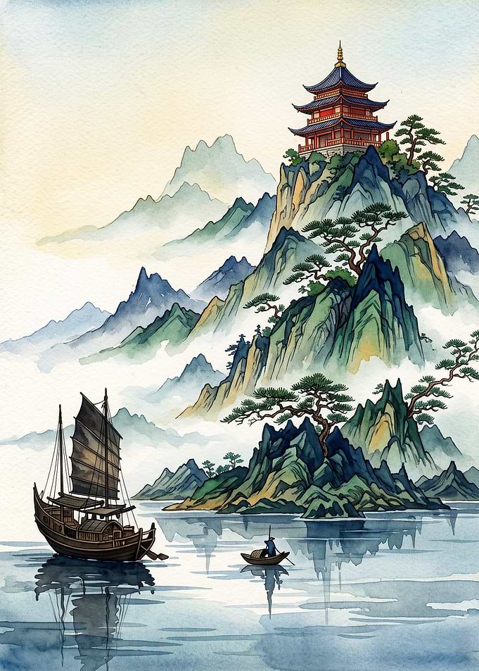 Asian Temple Mountain Watercolor Ar