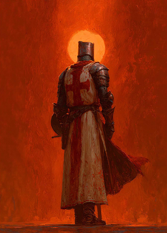 Crusader Knight Standing Before Red Sun