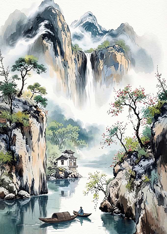 Mountain Waterfall Watercolor Art
