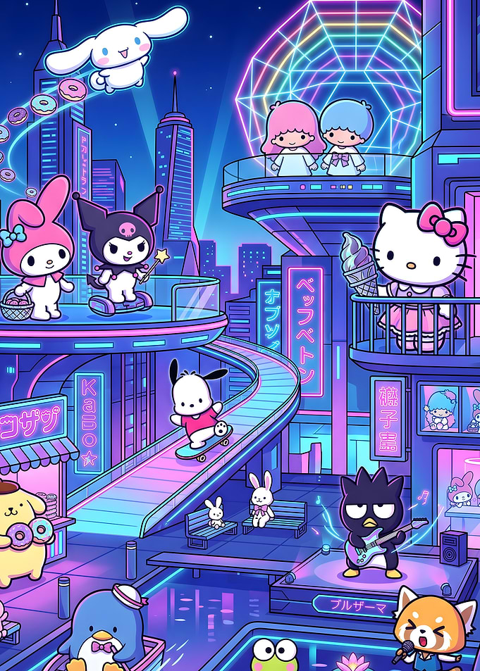 Sanrio Characters in Neon Cyberpunk City