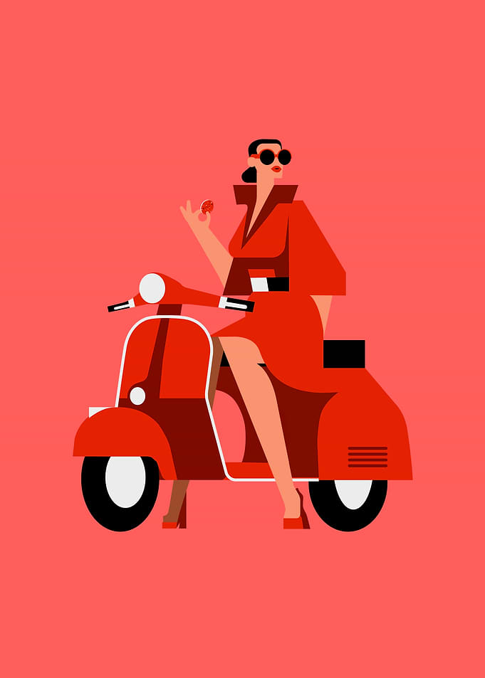 Stylish Woman Riding Red Scooter