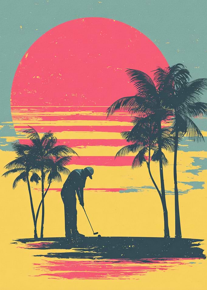 Retro Sunset Golfing Silhouette Art