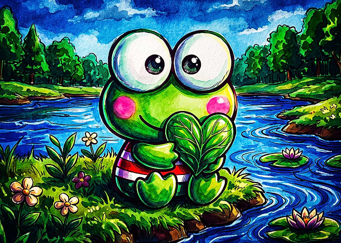 Cute Frog Heart Leaf Watercolor
