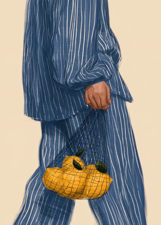 Person in Striped Pajamas Carrying Lemons