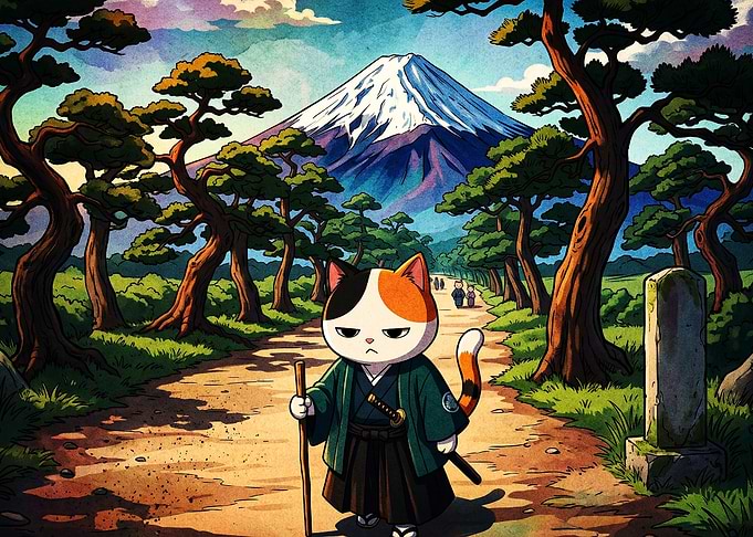 Samurai Cat Mount Fuji Ukiyo-e Art
