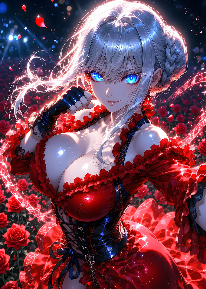 Anime Girl in Red Rose Field