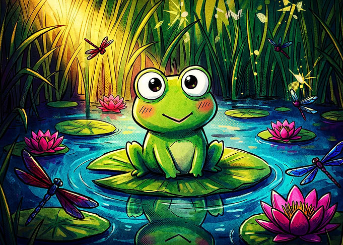 Cute Frog Pond Lily Pad Art Poster