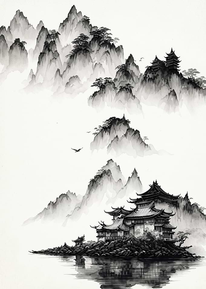 Mountain Temple Ink Wash Art Poster