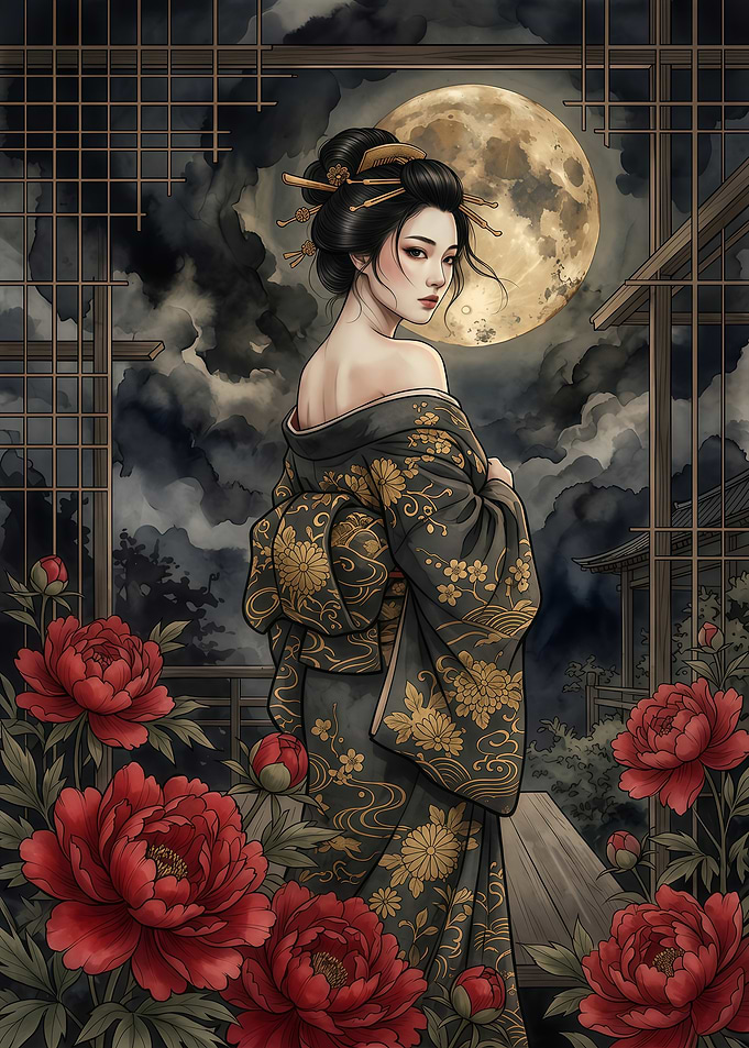 Geisha in Kimono Under Full Moon