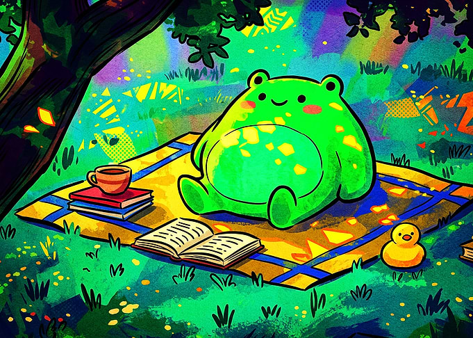 Cute Frog Reading Psychedelic Art