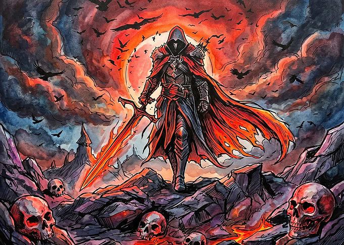 Dark Fantasy Warrior with Flaming Sword