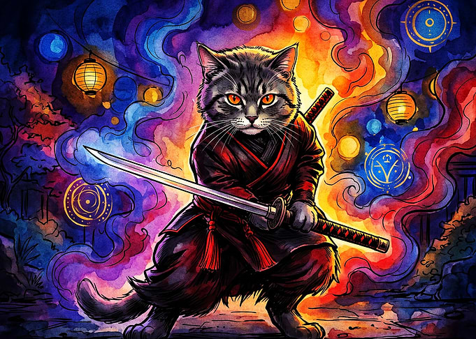 Cat Ninja Samurai Watercolor Poster