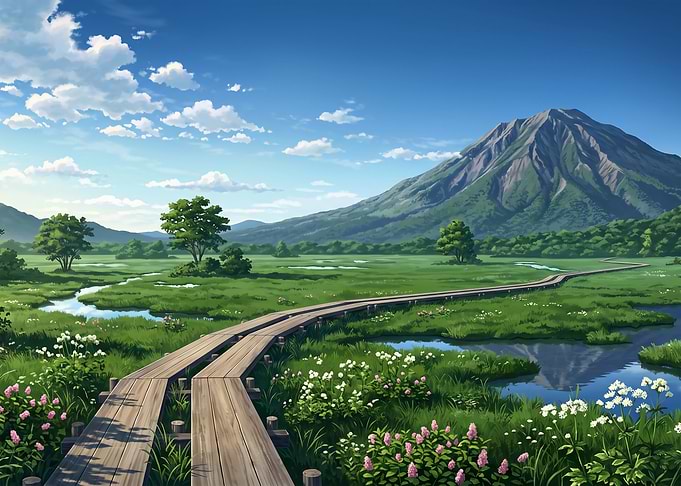 Wooden Boardwalk Through Lush Mountain Meadow