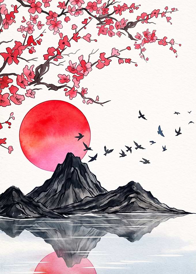 Cherry Blossom Red Sun Watercolor A