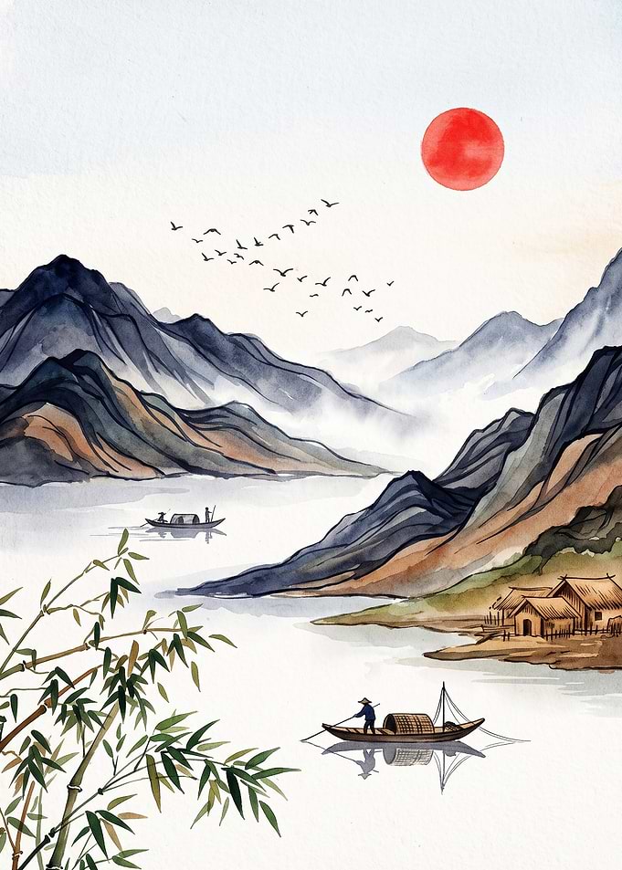 Asian Landscape Watercolor Art