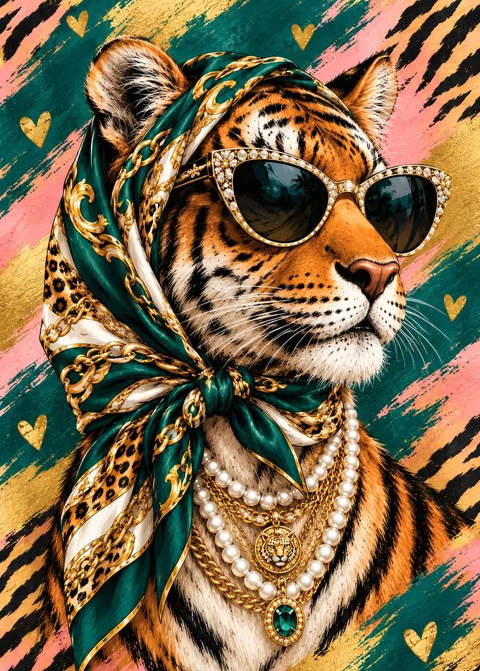 Glam Tiger Poster - Emerald & Gold Fashion Animal Wall Art