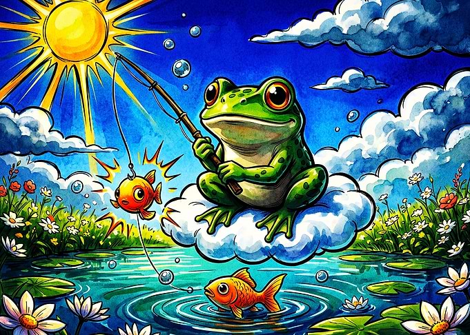 Frog Fishing Fantasy Watercolor Art