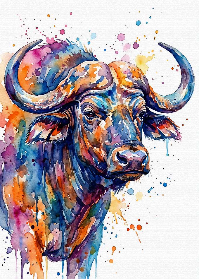 Colorful Watercolor African Buffalo Portrait