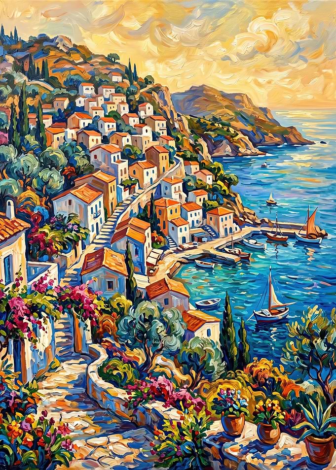 Mediterranean Coastal Village Painting
