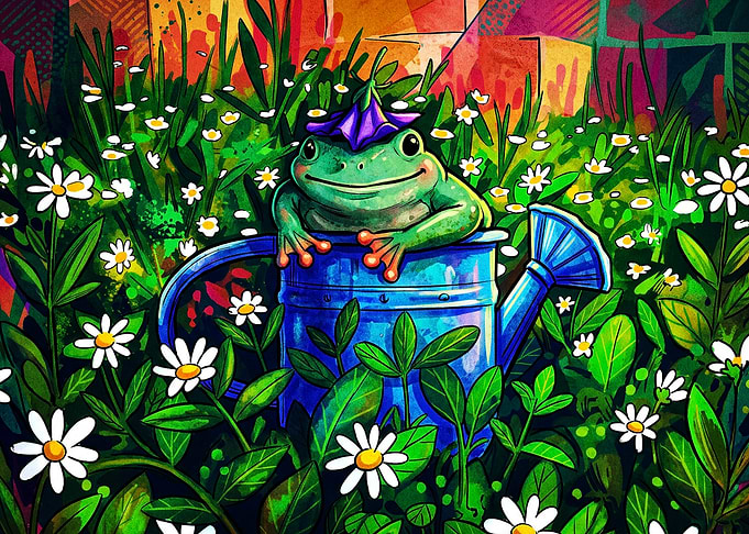 Frog Garden Daisy Floral Art