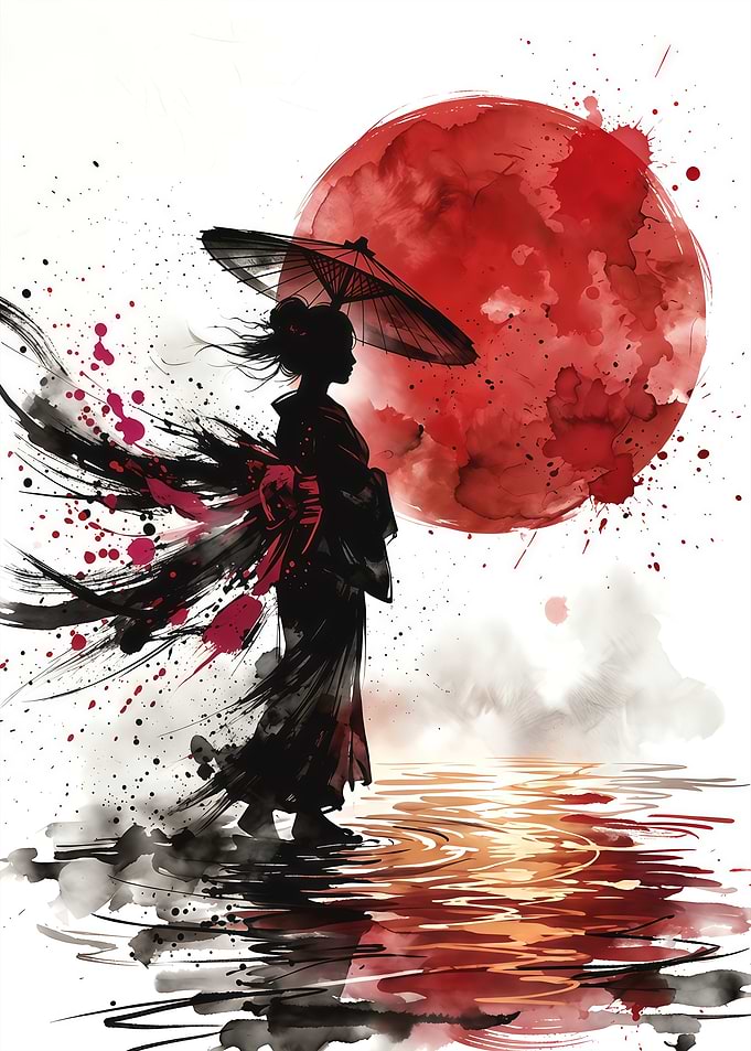 Geisha Silhouette Under Red Moon