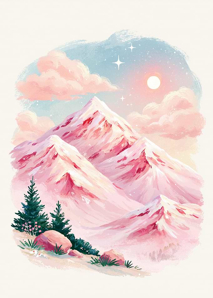 Pastel Pink Mountain Landscape Illustration