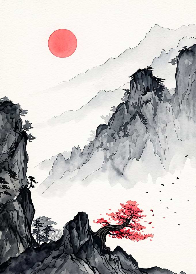 Japanese Mountain Red Sun Watercolo