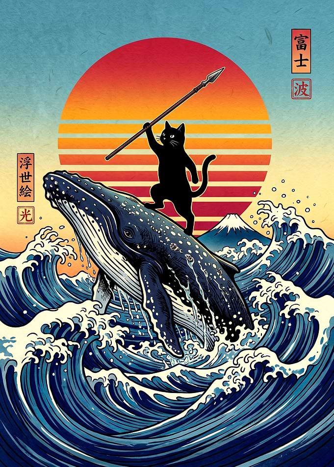 Black Cat Riding Whale Ukiyo-e Art