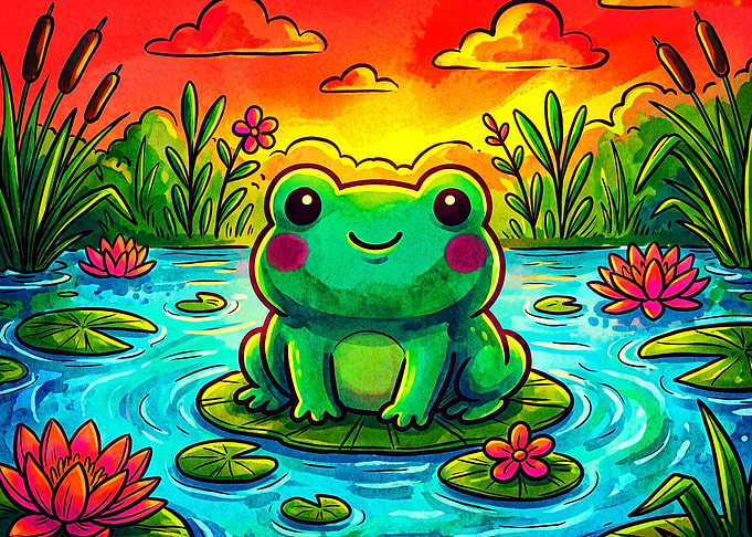 Cute Frog Pond Sunset Cartoon Poste