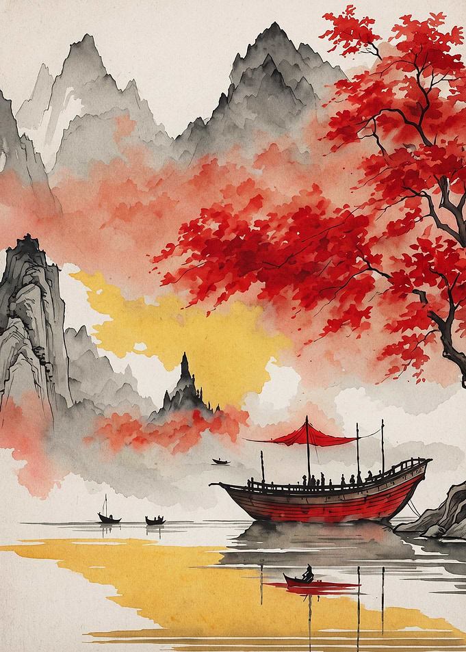 Asian Landscape Red Tree Watercolor