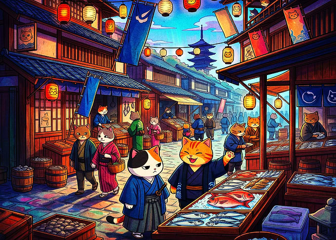Cat Town Market Japan Anime Art Pos