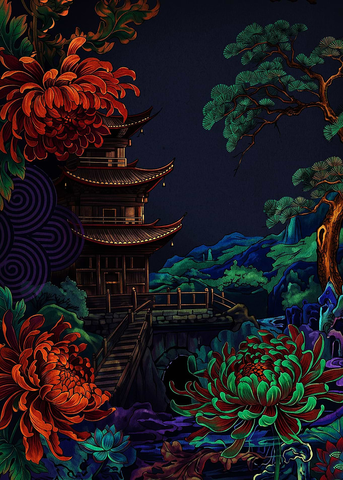 Traditional Asian Pagoda and Floral Garden